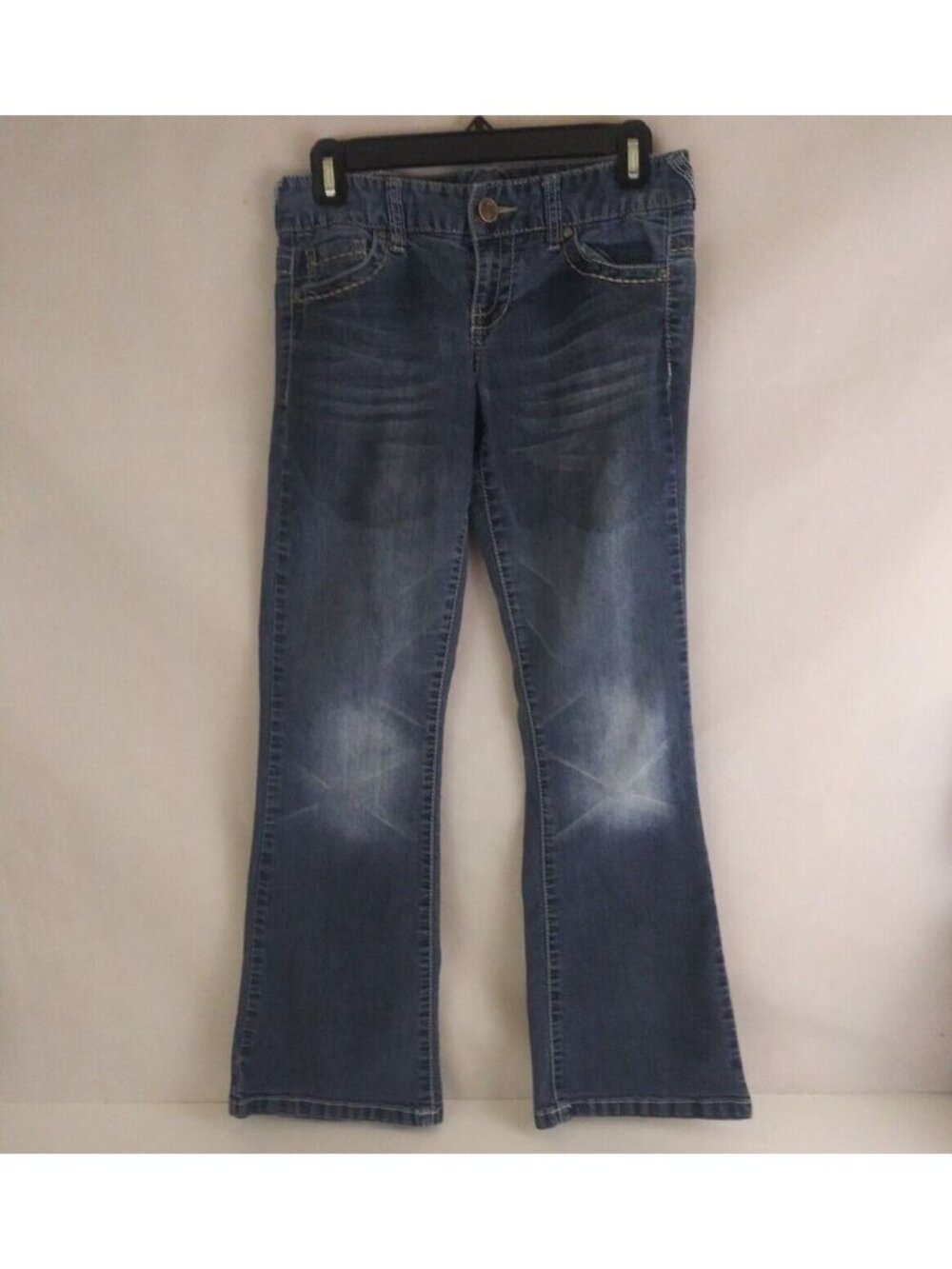 Maurices Women's Distressed Whiskered Embroidered Bootcut Jeans Size 3/4 Short